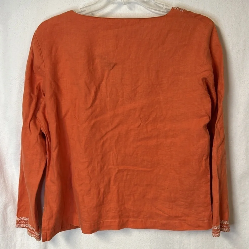ISHYU Women’s 100% Linen Tunic Top Plus Size 1X Orange With Embroidered Trim